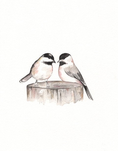 My Sweet Chickadee / Love Birds / Romance / watercolor print / grey / black and white / Archival