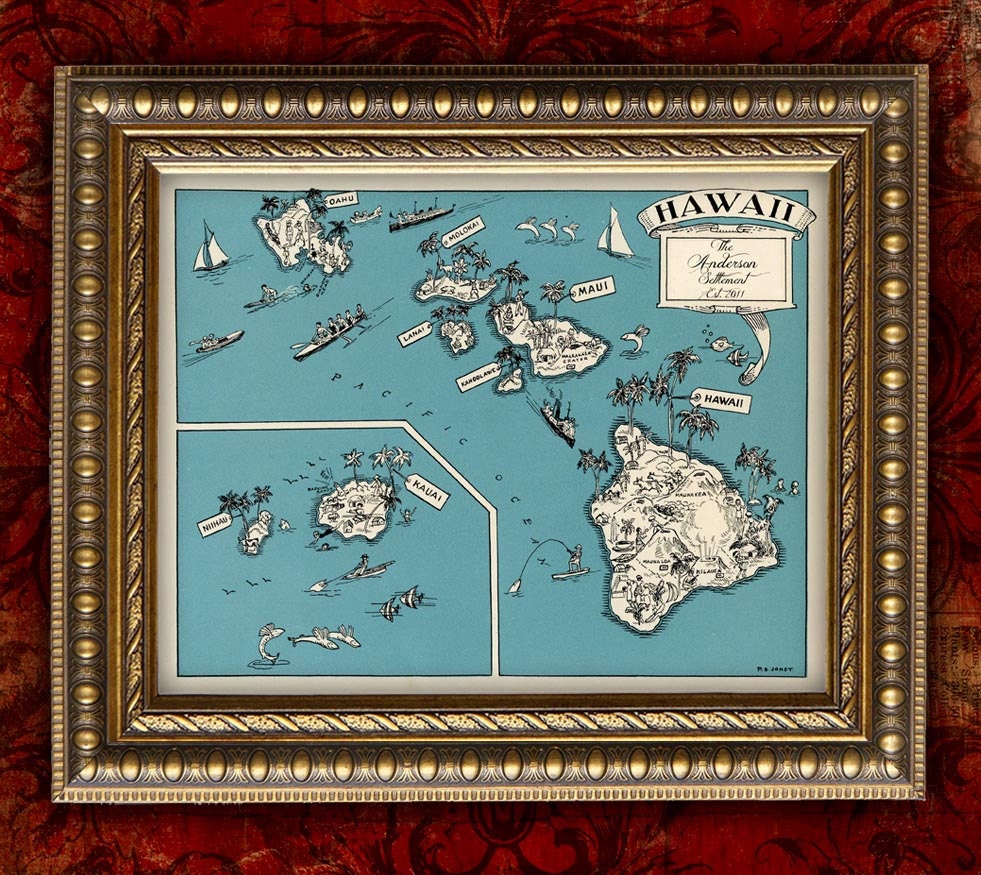 Custom MAP Art Print HAWAII Vintage Retro Personalized Map Wedding Housewarming Gift Home Decor Wall Decor 8x10 All 50 States Available