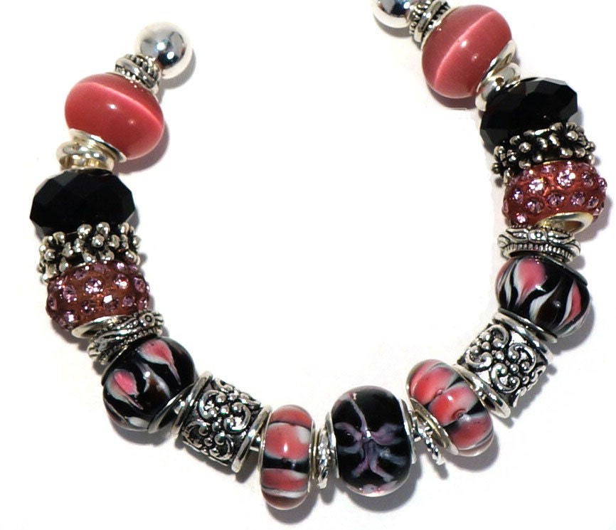 Pink Black Bracelet Cuff with Large Hole Beads
