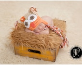 Newborn Hat,  Owl Hat, Orange, White, Beige, Photo Prop