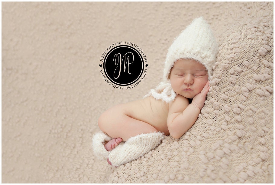 Newborn Hat, White Fuzzy Pixie Bonnet with Matching Leg Warmers, Photo Prop, READY TO SHIP