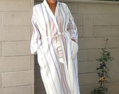 Natural light cream striped linen Bathrobe / dressing gown /negligee /housecoat /peignoir /deshabille / unisex - size, M, L, XL.