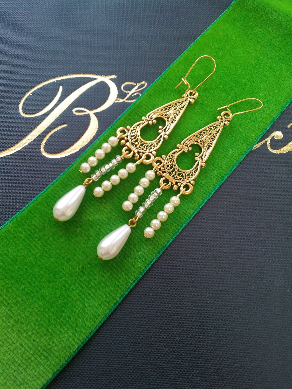 Gold Filigree Earrings with Pearl Drops- "Lily"
