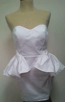 White Cotton Sateen Strapless Peplum Dress- "Panache"