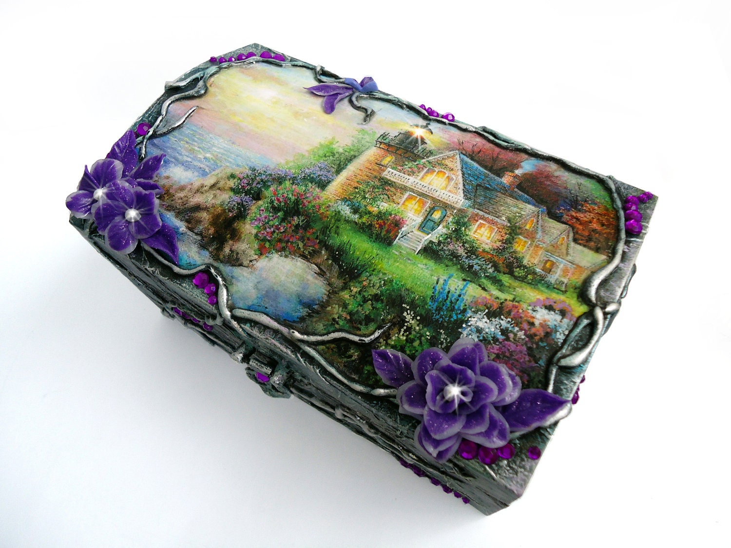 Hand decorated, Hand painted,  Wood jewelry box(6 3/4''-3 1/2''-4 1/4'')Elements of decoupage, Polymer clay flowers, Crystals