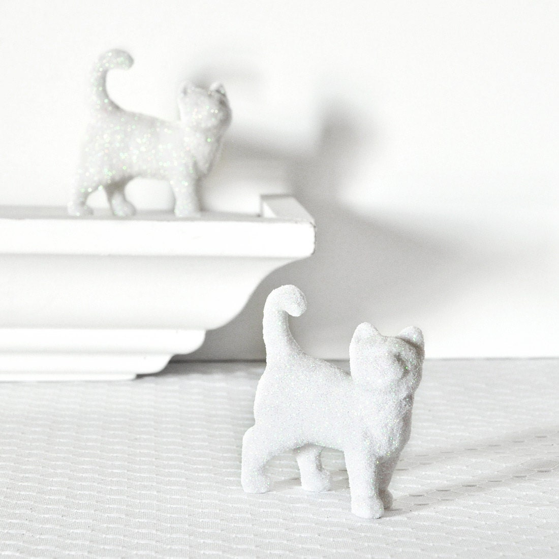 White Glitter Kitties in Florescent Snow Glitter for Winter Wedding Table Settings, Baby Showers, Nursery Decor or Centerpiece Decorations