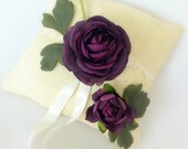 Burlap Ring Pillow, Ivory Aubergine Flower,  Purple ,  Ring Bearer,  Lace,  Eggplant