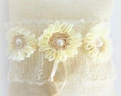Burlap Ring Pillow, Farm Wedding, Vintage Inspired, Country Chic, Ivory Lace, Cream Pearls, Chiffon, Winter Spring Summer