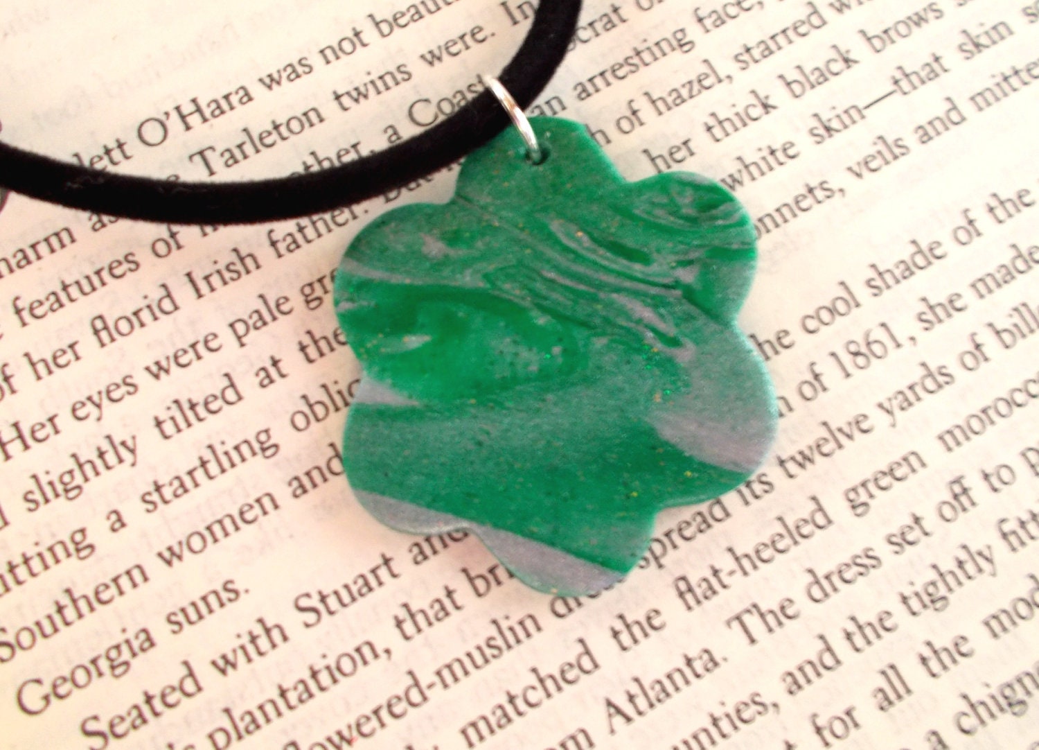 Green and Silver Polymer Clay Pendant, Green Pendant Necklace,