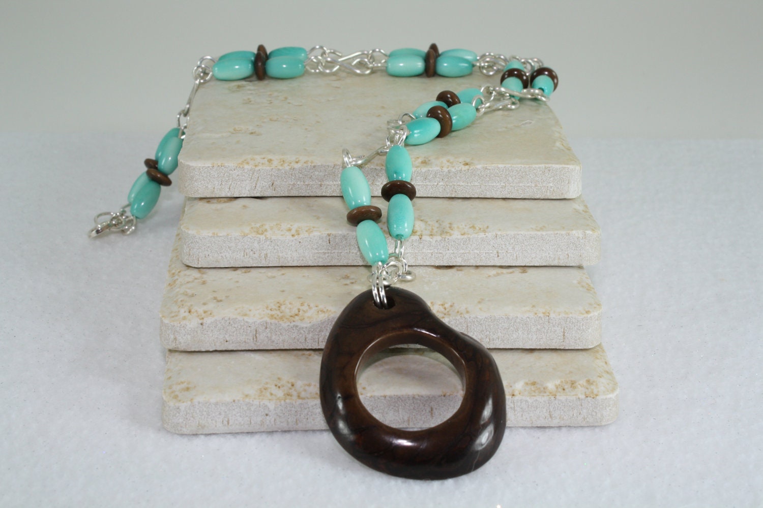 Light Blue and Brown Tagua Nut Sterling Silver Necklace