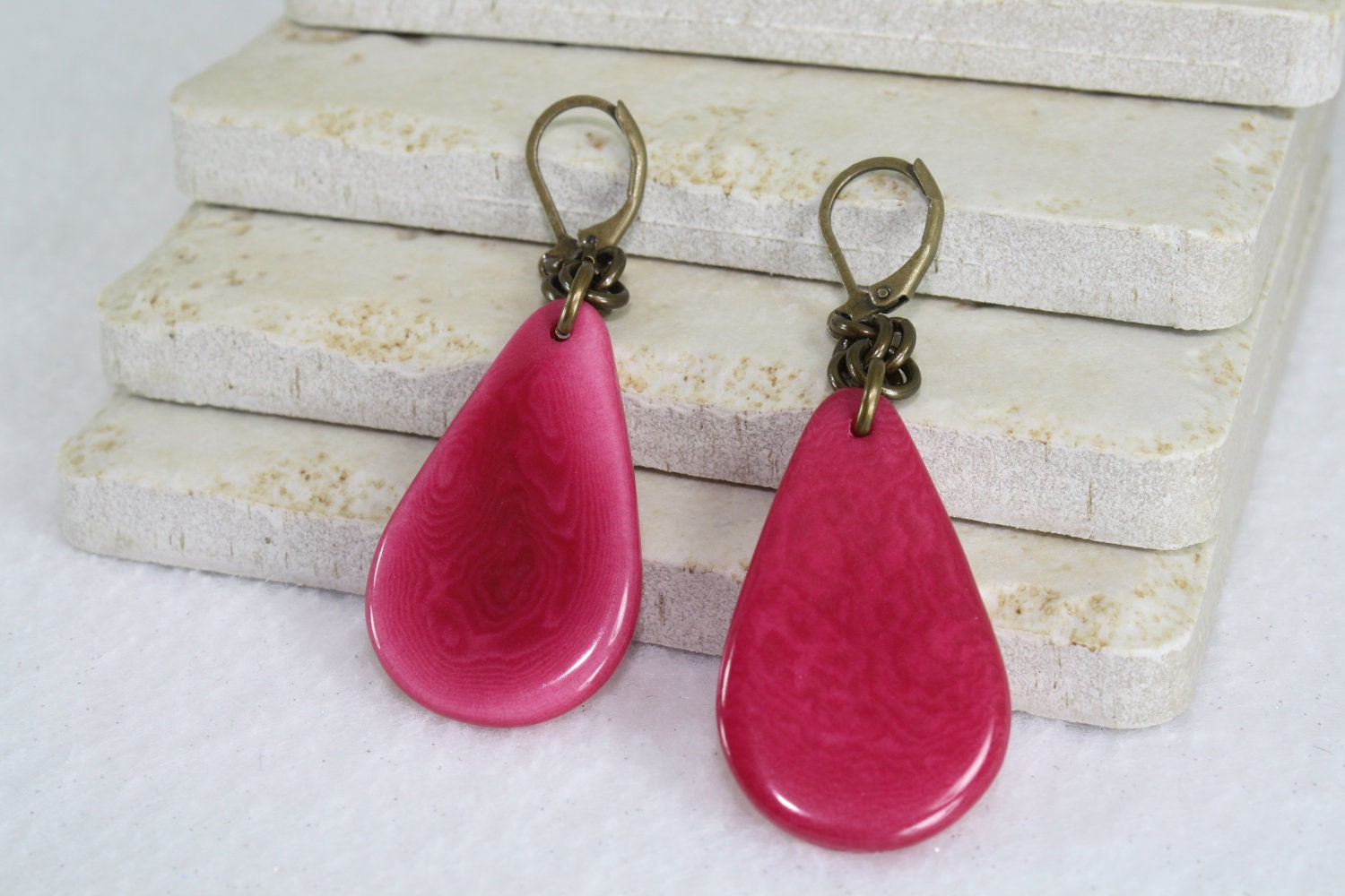 Antique Brass Magenta Hot Pink Tagua Nut Teardrop Earrings