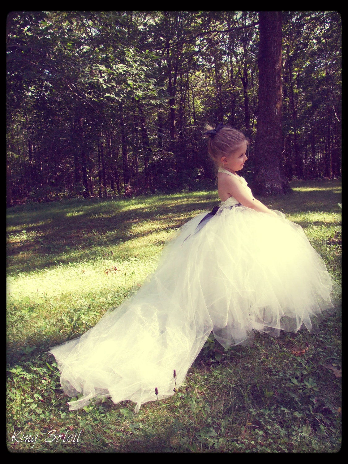 Flower Girl Dress Tulle Tutu with Train Crochet Bodice Satin Ribbon Sash and Bow Shiny Ivory Tulle with Crystal Beading Child Size 5 to 8