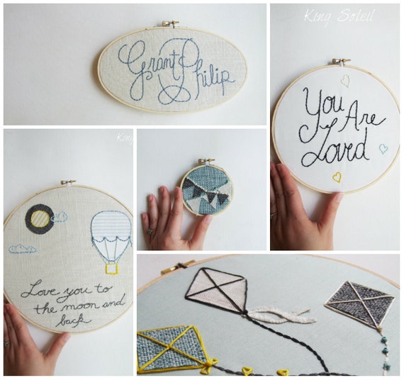 Custom Nursery Art Embroidery Hoop Set of Five Modern Wall Art Design your Own One of a Kind Personalized
