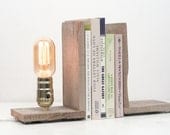 Bookends- Salvaged Wood Bookends, Rustic Lamp, Shelf Lighting, Exposed Edison Bulb