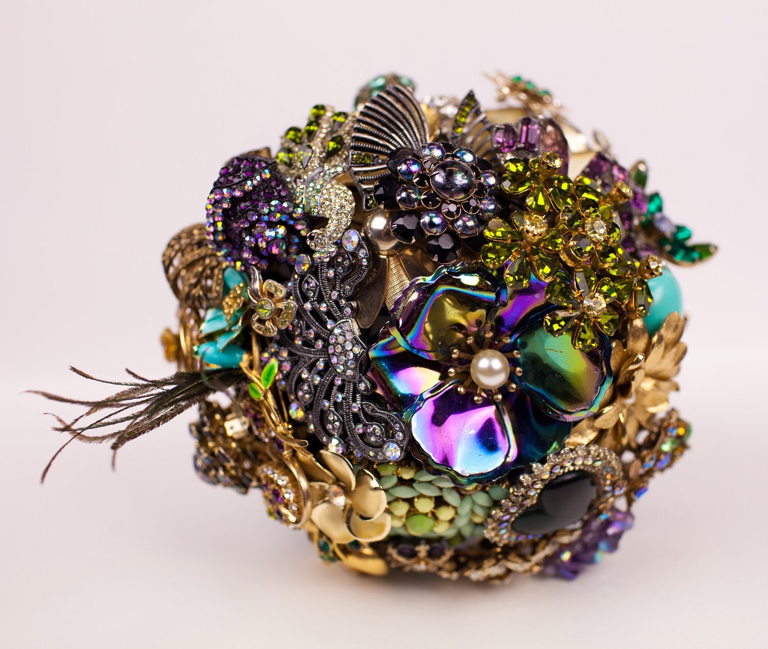 Custom Brooch Bouquet inspired by Jewel tones and Peacock feathers