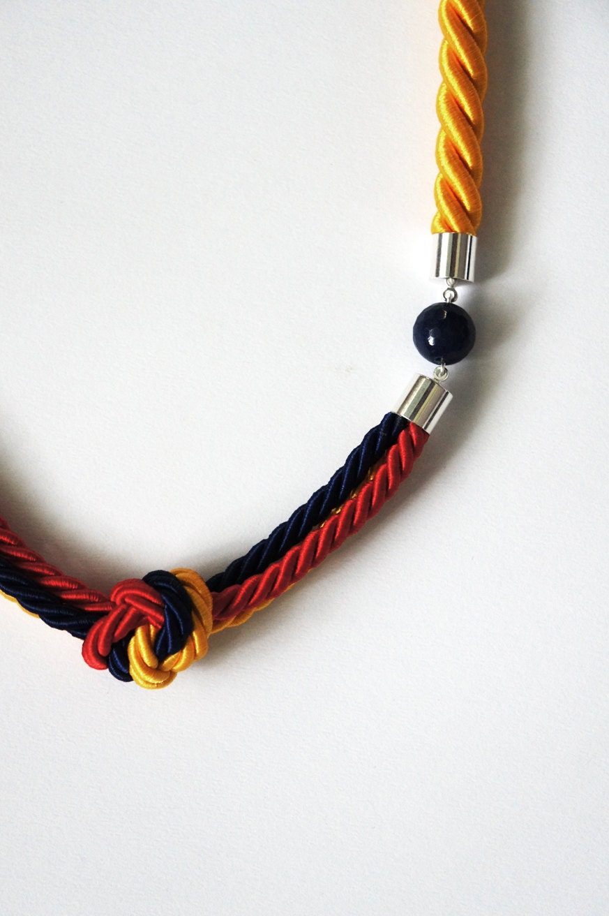 Jade and Twisted Rayon Cord Necklace - Navy, Yellow, and Red