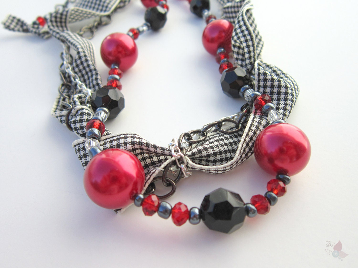 Necklace in Chains, Glass Pearls, Glass Beads, and Ribbon