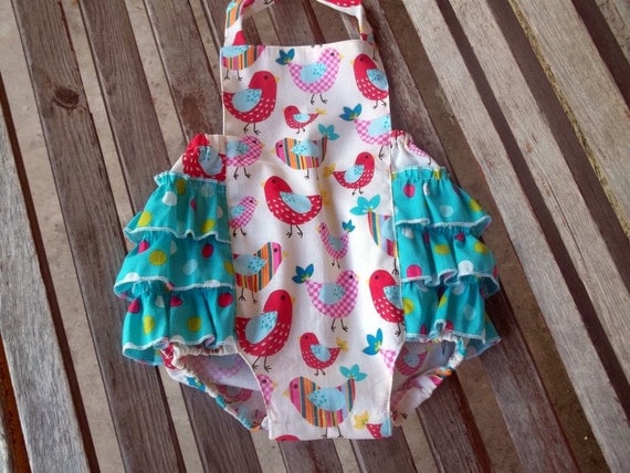 Retro Bird Bubble Romper, 1st Birthday Outfit, Fall Children Clothing, Baby Girl Sunsuit, Vintage Cottage Chic Children, Ruffle Romper