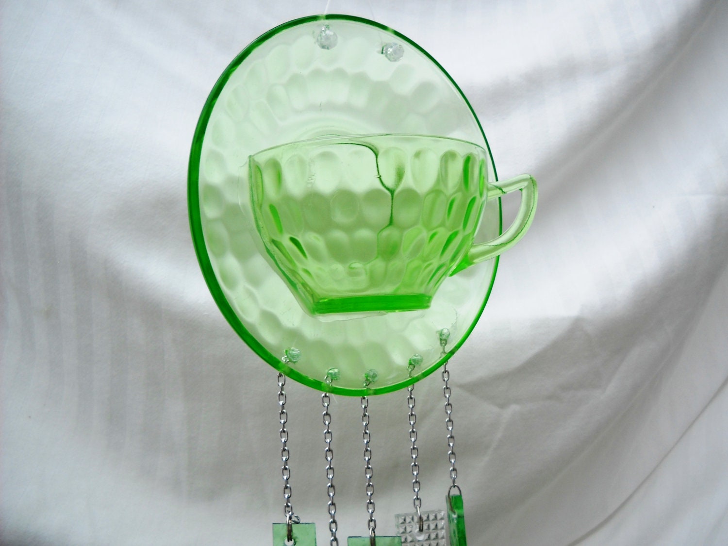 Federal Glass Depression Glass Suncatcher from Upcycled Vintage Tea cup with Glass Wind Chimes