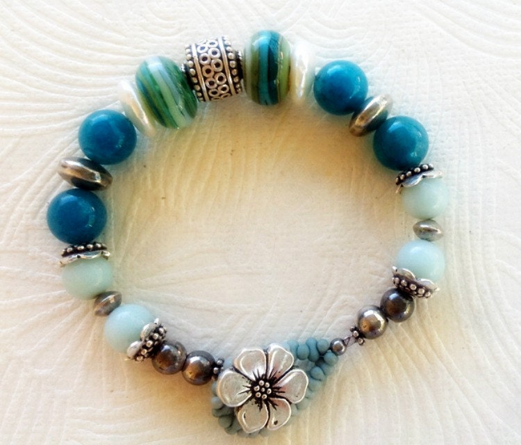 Blue Green Sterling Silver Lampwork Bracelet