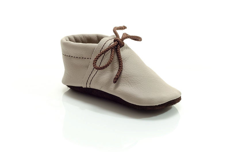 Lambswool lined beige and chocolate brown handmade leather shoes for baby, toddler and children