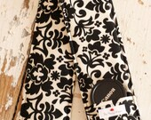 DSLR Camera Strap Cover- lens cap pocket and padding included- Black and White Damask