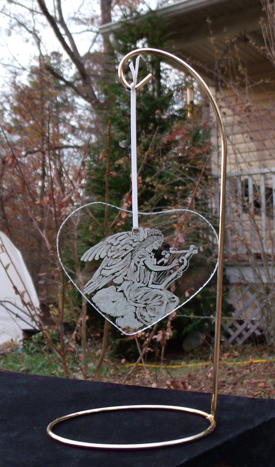 Personalized Holiday Glass angel engraved ornament , heart shaped glass angel christmas ornament, hand engraved