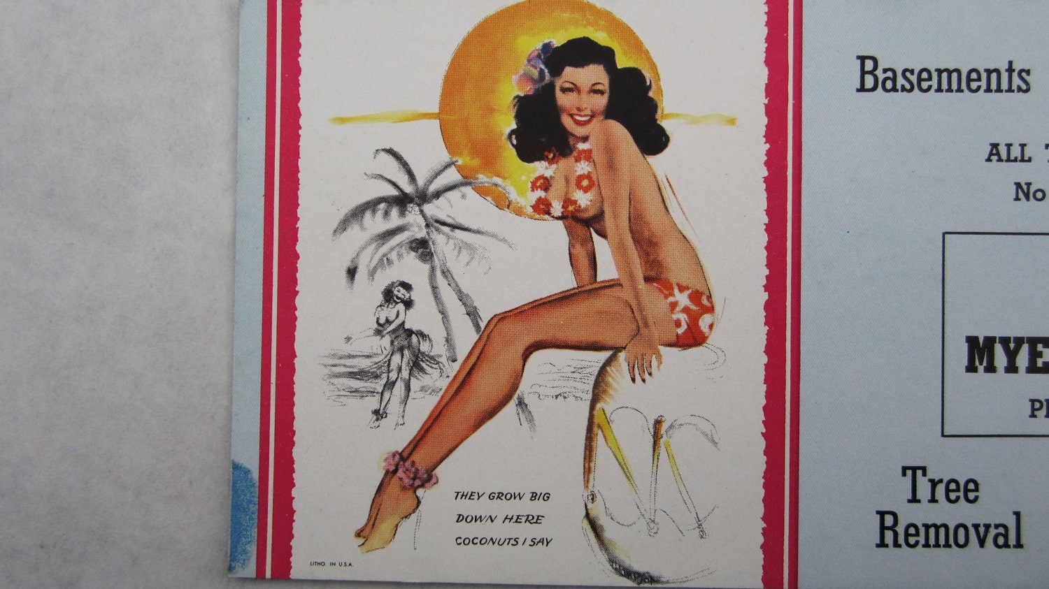 Vintage Original Pin Up Advertisement Girlie Cards Hawaiin Girl 1950s Myers Auto Wreckers