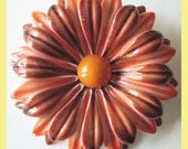 Enamel Flower brooch, Vintage 1960s DAISY PIN, Orange and Brown, CHOCOLATE