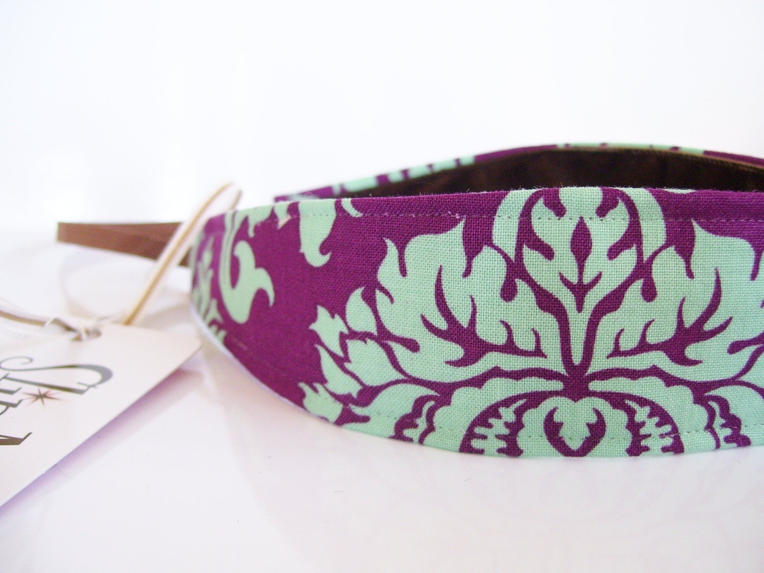 Aqua Damask on Plum  Fabric No Slip Headband