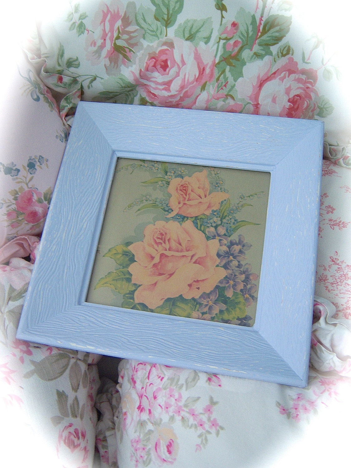 Shabby Vintage Petite Floral Cabbage ROSES Print Wood Frame Lavender Periwinkle Cottage Chic