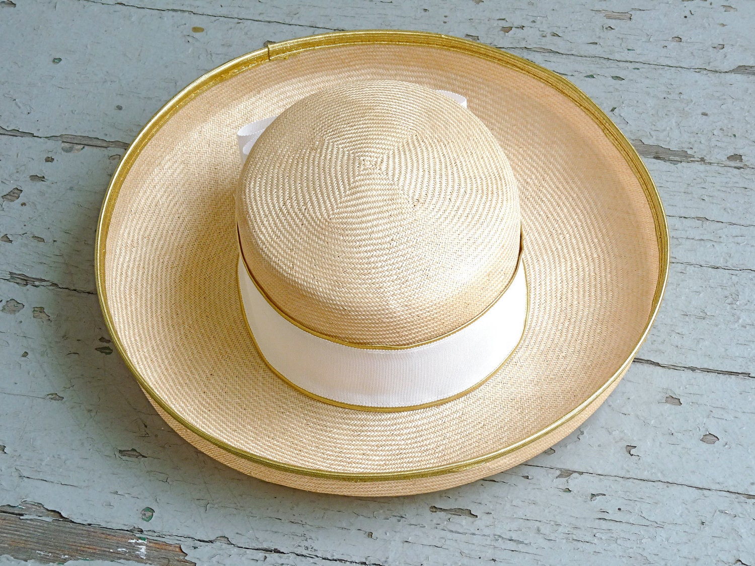 1950s straw summer BOATING hat by georgi in ivory white and metallic gold