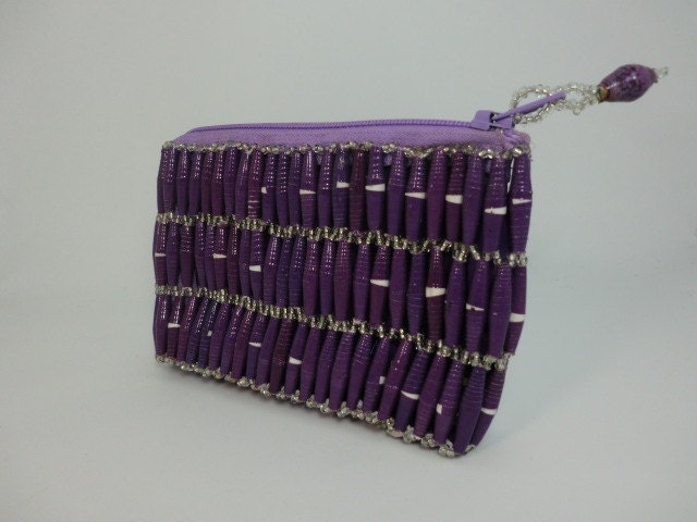Beaded Purple Coin Purse with Round Recycled Paper Beads, Gifts Under 20
