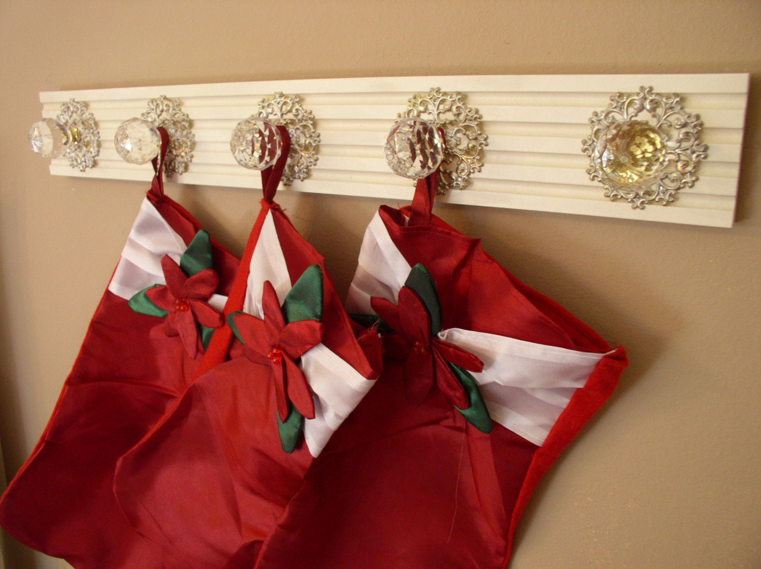Christmas stocking rack after holidays a  coat rack with 5 super large acrylic knobs and decorative back plate on moulding 24.5 inches long
