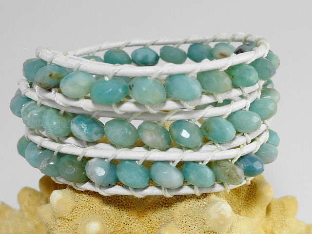 Amazonite Beaded Leather wrap bracelet - aquamarine blue and white bracelet - seafoam triple wrap leather bracelet
