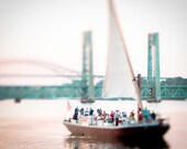 Sailboat Bridge Red White Teal Aqua Green Sailing White Sail Ocean Gundalow Portsmouth NH, 8 x 10 Fine Art Print