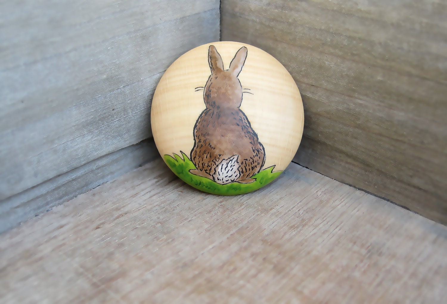 Painted Rabbit -Wooden brooch
