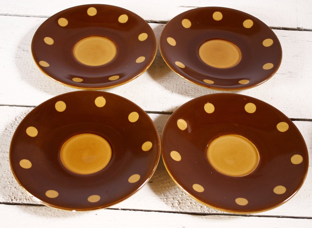 2 Lovely FRENCH brown coffee cups with yellow DOTS Sarreguemines - Mid CENTURY