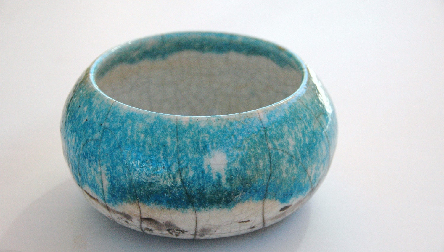 Raku Fired Bowl with White Crackle and Turquoise Glaze