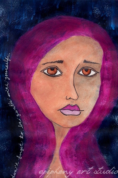 Be Gentle - Affirmation Wall Art Print - Pink Hair Woman, Navy Blue, Inspirational Art Colorful Decor