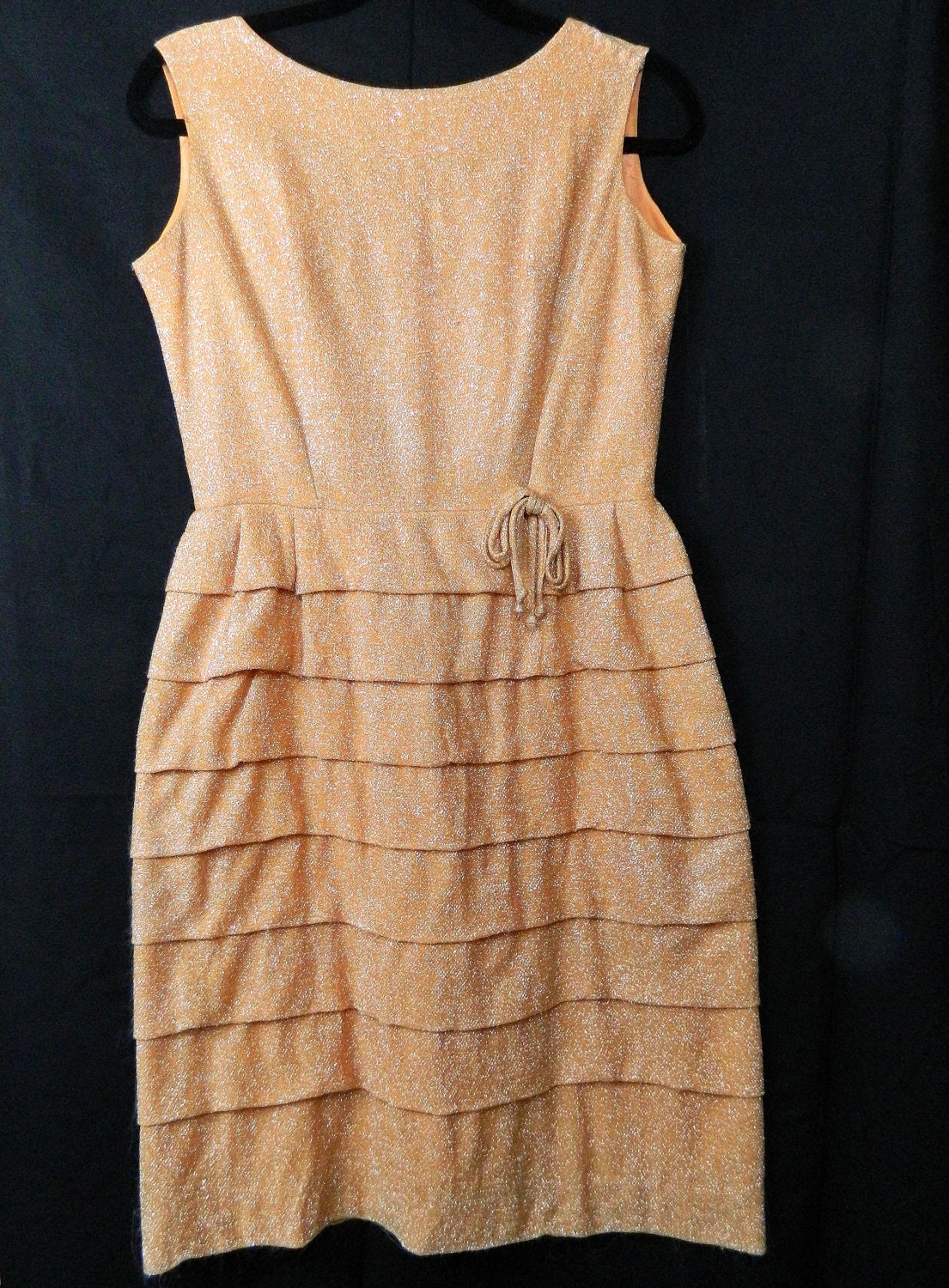 vtg glittery peach nude cocktail party dress . tiered ruffle skirt . bow . MadMen wiggle dress . illusion s/m