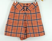 SALE Mod wool shorts . orange navy plaid . twiggy size . Bobbie Brooks . preppy.  xs teen