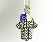 Long Silver Necklace Blue Evil Eye Hamsa Hand of Fatima White Freshwater Pearl Charm Necklace