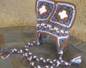 READY TO SHIP Preemie - Newborn Crochet Granny Square Earflap Hat Vegan Baby Winter blue brown European Russian Ukrainian Beanie Cap Babies
