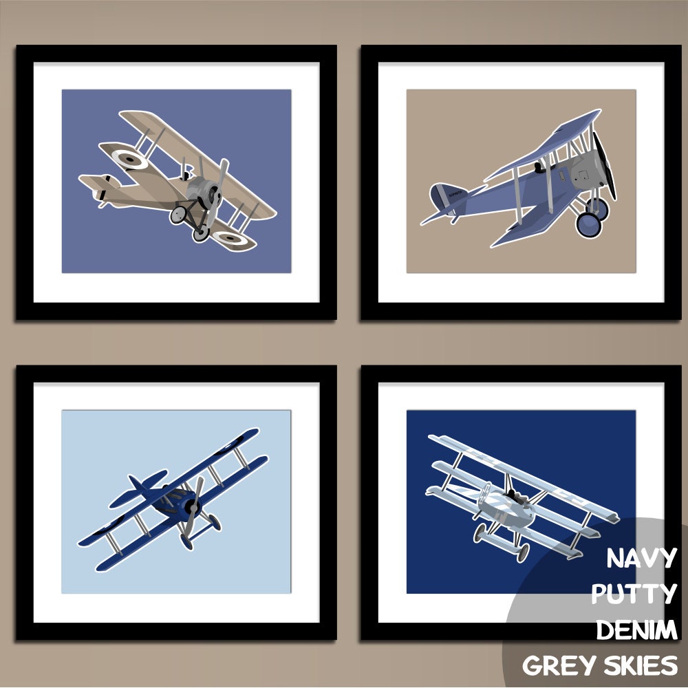 Boys airplane nursery art - WWI aircraft, set of four - vintage airplanes