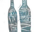 SALE Tribal Wine Bottles Kitchen Art Block Print 4 x 6 Home Decor / Pewter, Turquoise / Hand Pulled Linocut