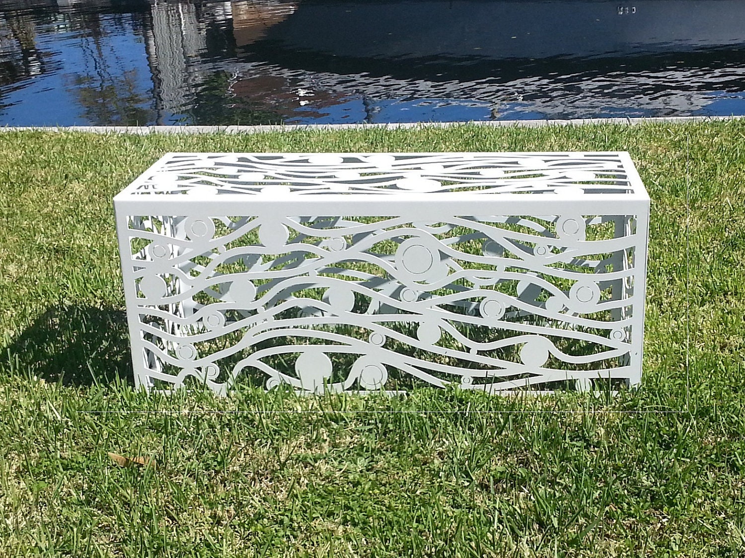 4 ft Laser Cut Modern Metal Bench Landscape Artwork Pearl White Organic Pattern