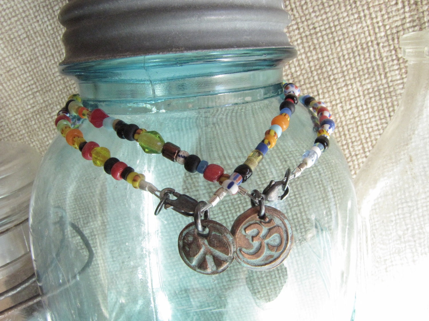 African Trade Bead Anklet  Copper Patina Charm   Trade Beads   Christmas Beads