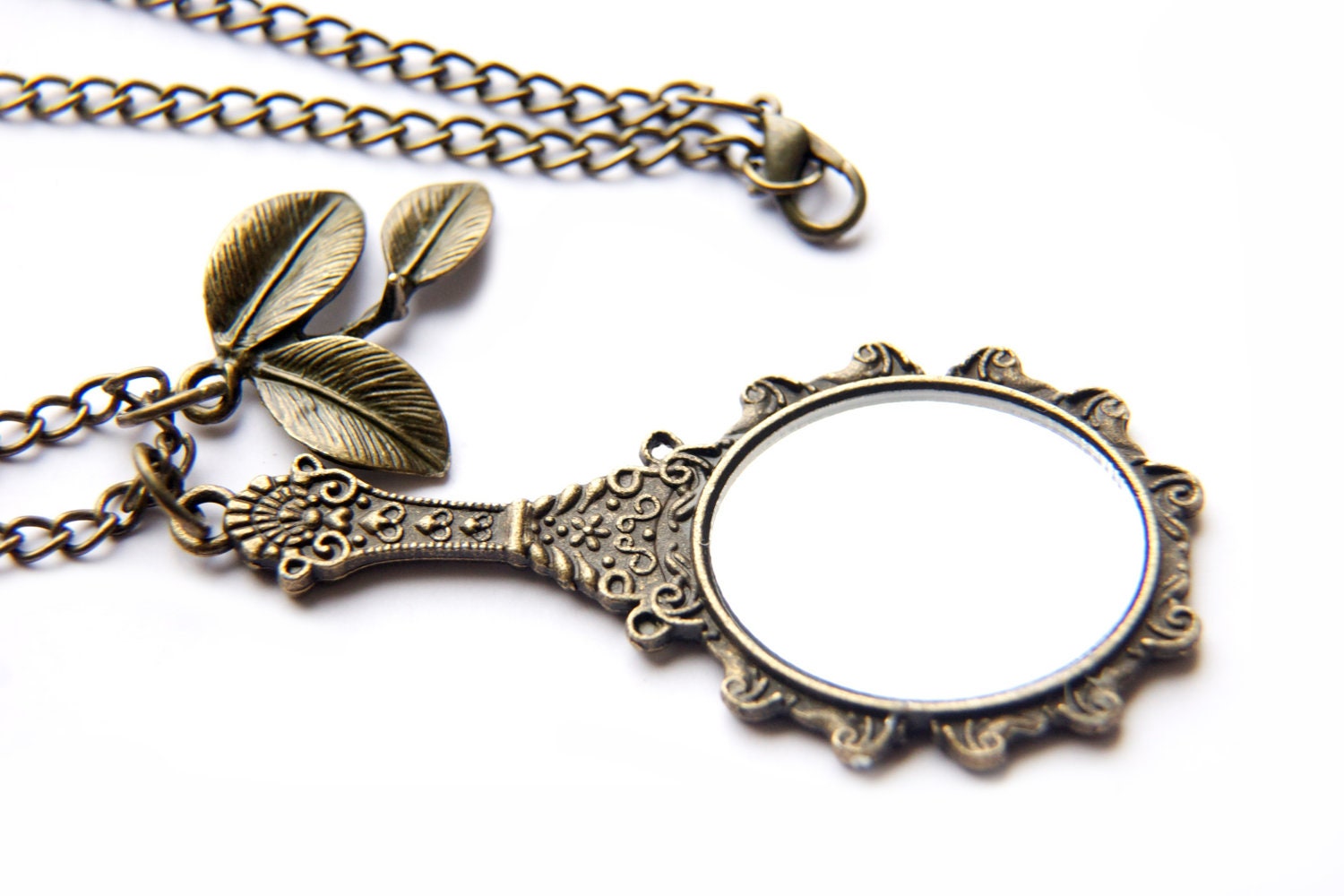 Vintage Style Hand Mirror and Leaf Necklace