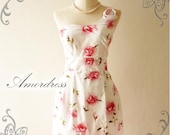 Pretty Queen...Amor Vintage Inspired Rose Floral One Shoulder Vibrant White Angel Pink Rose Party, Wedding, Prom Dress -Fit XS-S -